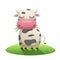 Cartoon cow chewing grass in the meadow. Funny stylish spotted cow.