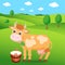 Cartoon Cow In The Green Meadow And A Bucket Of Milk. Background For Label, Sticker, Print, Packing, Web.
