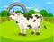 Cartoon cow and rural meadow with green grass on the mountain background