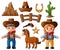 Cartoon cowboy and cowgirl with wild west elements