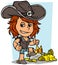 Cartoon cowboy girl character with golden treasure