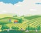 Cartoon cows grazing in summer field, summer landscape of farm animals