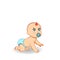 Cartoon crawling baby boy in blue diaper with pacifier isolated