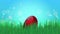 Cartoon crazy jumping easter egg in a green grass