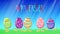 Cartoon crazy jumping eggs in a green grass. Happy Easter lettering. Greeting loop animation.