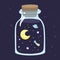 Cartoon crescent with stars in a magic glass jar