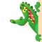 Cartoon crocodile or alligator holding and looking over a blank sign board. Vector illustration.