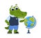 Cartoon crocodile with globe. Alligator in clothes learns geography, animal studying at academy. Education and school