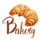 Cartoon croissant illustration with Bakery lettering. Bagel with inscription. French pastries. Baking shop. Vector flat picture