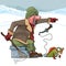 Cartoon cunning fisherman catches fish in winter