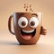 cartoon cup of coffee or cappuccino close-up with a cheerful friendly face on a light background.