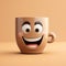 cartoon cup of coffee, cappuccino or tea close-up with a cheerful friendly face on a light background. Morning energy, breakfast,