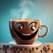 cartoon cup of coffee, cappuccino or tea close-up with a cheerful friendly face. Morning energy, breakfast, energy, snack