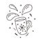 Cartoon cup with isolated spray. Contour mug with hot chocolate, cocoa, tea or coffee. Hand drawn vector concept. Outline doodle