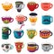Cartoon cup vector kids creative mugs coffee or tea cupful on breakfast various shapes of coffeecup illustration set of