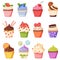 Cartoon cupcake with various toppings, delicious sweet desserts. Muffins or cupcakes with chocolate cream, fruits