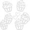 Cartoon cupcakes with cream frosting and hearts sketch template set.