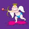 Cartoon Cupid with wings nimbus bow on an isolated purple background. Vector image