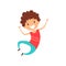 Cartoon curly boy with dark hair jumping. Joyful child isolated on white background.