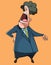 Cartoon curly haired man in a suit stands with his head raised and mouth open