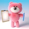 Cartoon cute 3d pink fluffy teddy bear soft toy holding a pencil and clipboard, 3d illustration