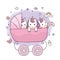 Cartoon cute adorable baby unicorns in stroller vector.