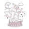 Cartoon cute adorable family white rabbits sitting on log  and looking star on the sky vector.