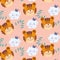 Cartoon cute animals characters tiger faces clouds leaves background