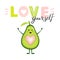 Cartoon cute avocado character with heart and trendy lettering. Stylish typography slogan design `Love yourself` sign.