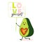 Cartoon cute avocado character with heart and trendy lettering. Stylish typography slogan design `Love yourself` sign.