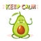 Cartoon cute avocado character in yoga pose. Stylish typography slogan design `Keep calm` sign.