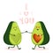 Cartoon cute avocado couple character with heart and trendy lettering.