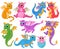 Cartoon cute baby fairytale fantasy dragons characters. Medieval creatures dragon kids, fairytale legends cute dino