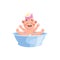 Cartoon cute baby girl taking bath. Smiling baby with light hair and pink bow in bathing. Vector illustration icon isolated on whi