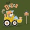 Cartoon of cute bear driving bulldozer with little duck