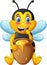 Cartoon cute bee with clay pot full of honey