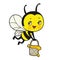 Cartoon cute bee flies with a bucket of honey in hands color variation for coloring page on white