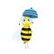 Cartoon cute bee mascot. Sad bee with blue umbrella. Small wasp. Vector character. Insect icon. Holiday template design for