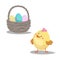 Cartoon cute boy chick looking on basket with painted eggs. Easter flat design icon symbols.