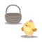 Cartoon cute boy chick looking on empty basket. Easter icon symbol.