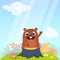 Cartoon cute brown groundhog or marmot or woodchuck standing on a stump in a meadow green grass background.