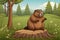 Cartoon cute brown groundhog standing on a stump in a meadow green grass background