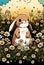 Cartoon of a cute Bunny rabbit sitting amongst flowers