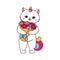 Cartoon cute caticorn cat character with flowers