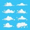 Cartoon cute cloud trendy design icons set. Vector illustration of weather or sky background.