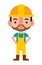 Cartoon cute construction worker character wears safety helmet and costume with his arm on waist