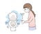 Cartoon cute Coronavirus, COVID-19, Woman and alcohol spray clean up toilet vector.