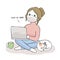 Cartoon cute Coronavirus, COVID-19, Woman working  at home vector.