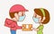 Cartoon cute delivery man giving parcel to woman customer with protected face mask