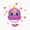 Cartoon cute dinosaur holding a sign with like. Little kissing dino kid character. Creative layout for social media blogging,